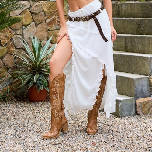 Image of wetkiss Knee High Cowboy Boots for Women, Stable and Comfortable | Western Style,Cowgirl Boots,Versatile,Pull On,Various Occasions,Non-slip Sole,Bohemian Rural Style