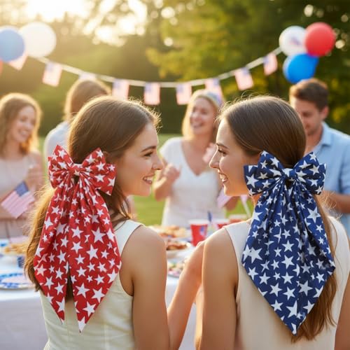 Lazos para el cabello del 4 de julio para niñas, clips patrióticos en rojo y azul con estrellas, lazo largo con cola para día de la independencia, accesorios para fiestas de mujeres y niños miniatura 4