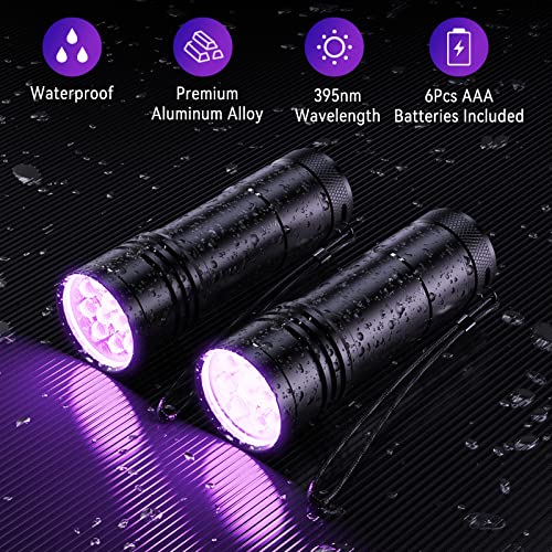 UV Taschenlampe 2 Stück Mini UV Schwarzlicht Taschenlampe mit 12 LEDs, Ultraviolettes Licht mit 395nm für Geocaching, Heimtierurindetektoren, Haustiere Urin-Detektor usw. Inklusive 6 AAA Batterie