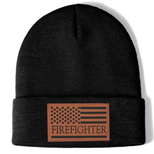 Firefighter Beanie Hat Gifts for Men Leather Fire Fighter American Flag Patriotic Birthday...