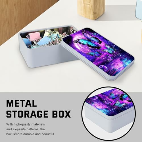 Image of Metal Tin Box with Lid for Game Cards Home Organizer Candles Keys Crafts Storage - Equipped with 4 Magnetic Cord Clips,Purple Moon Blue Butterfly