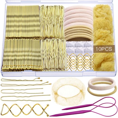 Teenitor Blonde Bobby Pins Hair Pins with Hair Nets for Buns 11 Styles Blonde Hair Pins Hair Net Spiral Pin Hair Styling Tools Bobby Pins for Women Girls Dance Ballet Competition