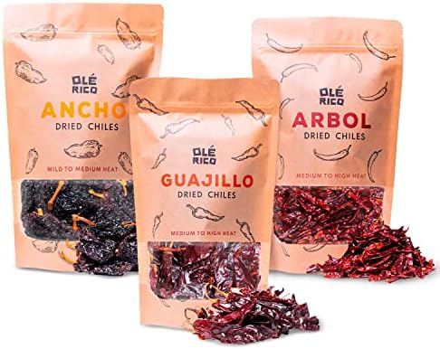 OLÉ RICO - Dried Chile Peppers 3 Pack Bundle (12 oz Total) - Ancho Chiles, Guajillo Chiles and Arbol Chiles - The Spicy Trio - Great For Mexican Recipes - Packaged In Resealable Bags