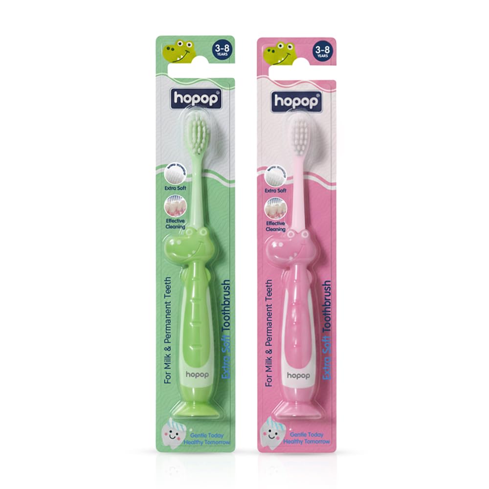 Hopop Kids Manual Toothbrush for 3–8 Years | Extra Soft Bristles for Milk & Permanent Teeth | BPA-Free | Gentle Oral Care with Suction Base & Easy Grip Handle | (Pink & Green)-image-43