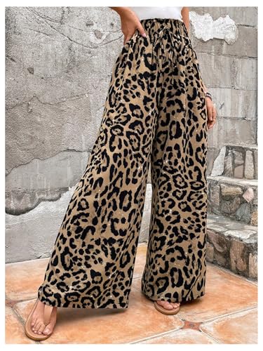 Floerns Women's Leopard Print Paperbag High Waist Baggy Wide Leg Summer Pants4