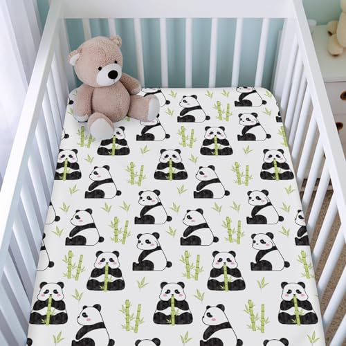 Image of Cartoon Panda Green Leaves Baby Crib Sheets for Boy Girl 52 inchx28 inch Cute Bear Animals Soft Breathable Unisex Fitted Nursery Baby Bed Sheet Fits Standard Crib and Toddler Bed Mattresses