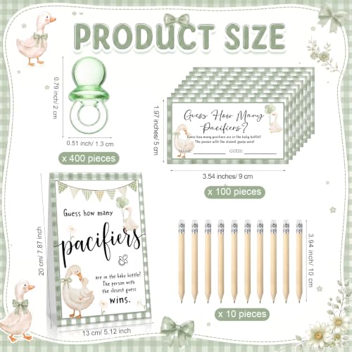 Image of Roowest 512 Pcs Baby Shower Games Guess How Many Pacifiers Sign 100 Small Guessing Games 10 HB Pencils 750ml Milk Bottle 400 Acrylic Pacifiers Decoration for Guest Gender Reveal (Green,Silly Goose)