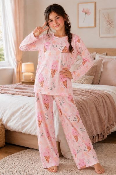 Image of TotzTouch Girls Printed Pyjama Set | Full Sleeve Top with Wide Leg Pyjama Pants | Stylish Cotton Co-Ord Nightwear Set for Kids