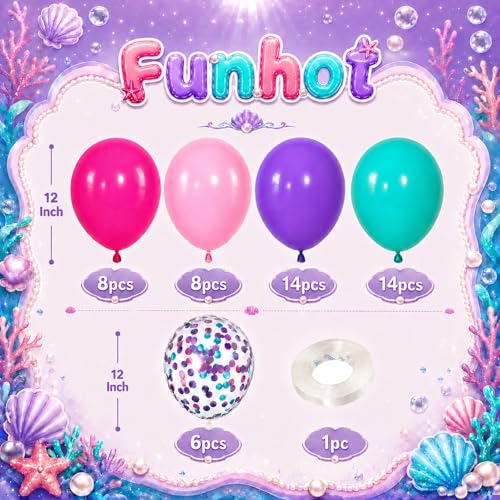 Image of Pink Purple Balloons, 50Pcs 12 Inch Teal Blue and Confetti Latex Balloons | Pink and Purple Mermaid Balloons for Girl Women Birthday Baby Shower Ocean Theme Under the Sea Party Decorations