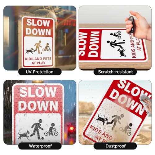 2 pack slow down signs kids and pets at play warning sign 18 x 12 inches high reflective weatherproof aluminum safety alert signage with pre-drilled holes for street driveway neighborhood