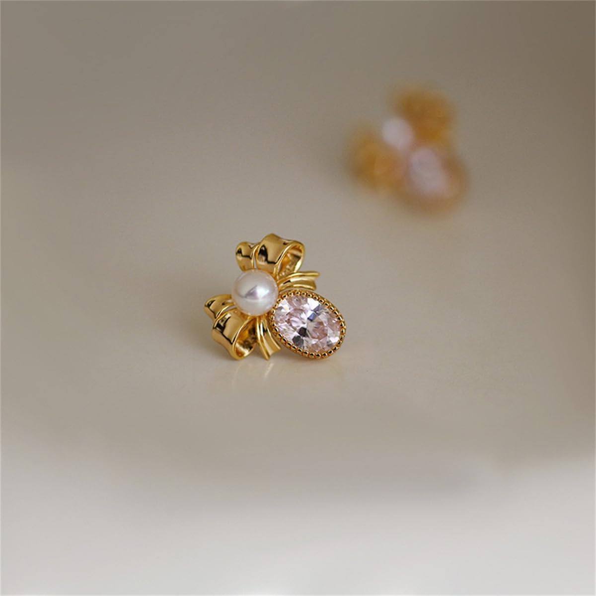 Cute CZ Pearl Bow Stud Earrings for Women Gold-Toned 925 Sterling Silver Post Pin Oval Cubic Zirconia Bowknot Studs Earring Delicate Samll Shell Pearl Wedding Party Jewelry - Image 5