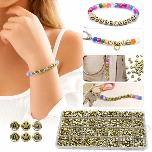 Image of Amaney 1400pcs 4x7mm Gold Letter Beads Round Acrylic Alphabet A-Z Smile and Number for Jewelry Making