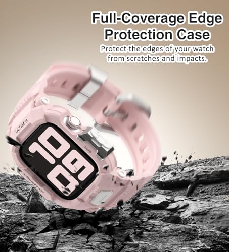 Image of ULTIMAL Rugged Band Compatible with Apple Watch Band 42mm Series 11 /10 with Case, Military-Grade Shockproof Strap for iWatch with Bumper Case Cover Men Women(Pink)
