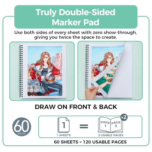 Image of Ohuhu Double-Sided Marker Pad Sketchbook Bleedproof - 11 inchx14 inch Large Paper Size - 90 LB /150 GSM Smooth Drawing Paper - 60 Sheets /120 Pages - Spiral Bound Sketching Book for Alcohol Markers