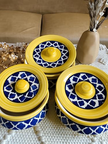Image of Niyara Premium Handcrafted Ceramic Casserole /Donga Set with Lids | Serving Bowls for Hot Food | Microwave & Dishwasher Safe | Set of 3 (1000ML, 650ML, 550ML) | Moroccan Yellow