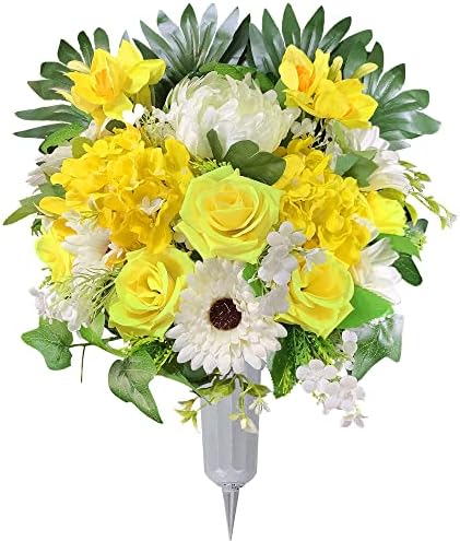 HENOMO Cemetery Flowers for Grave, Memorial Bouquet - Artificial Yellow Rose and White Mum Mix Arrangement for Headstone Decoration,Include Vase to Easy Fit