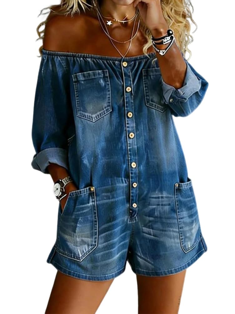 ORANDESIGNE Combishorts Femme Jeans Manche Longue Été Combinaison Jean Large Décontracté Chic élégante Combishort épaules Dénudées