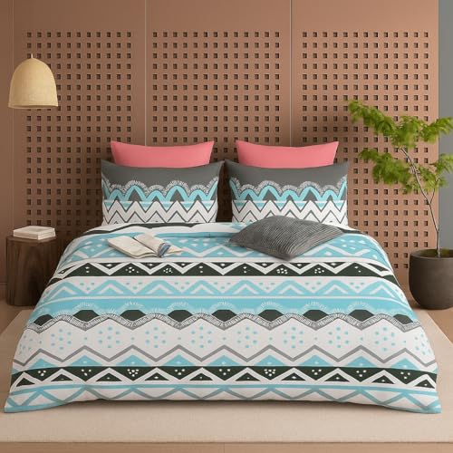 Image of DECOR2ADMIRE 300TC Premium Glace Cotton Printed Super King Size Double Bedsheet with Two Pillow Covers, 108 * 108 Inches or 9ft by 9ft or 275 cm x 275 cm (Teal White Zigzag)