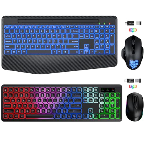 SABLUTE 2 Pack Wireless Keyboard and Mouse Combo with Backlit, RGB Mouse Rechargeable Cordless Keyboard Set for Windows, Mac, PC, Laptop
