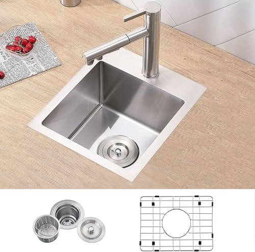 VCCUCINE Drop in Bar Sink, 15x15 Inch Topmount RV Small Kitchen Sink, Handmade Stainless Steel Wet Bar Sink, Outdoor Single Bowl, Brushed Nickel Prep Sink with Accessories