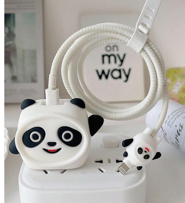 Image of Cable Protector with 3D Cute Pattern for iPhone Charger only18W & 20W | Data Line Wire Saver Charger Protective Cable Full Protection Set of-1 (White Panda-)