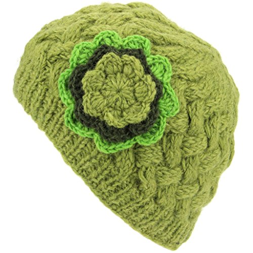 Bonnet en laine pour femme haut de gamme vert à fleur LOUDelephant