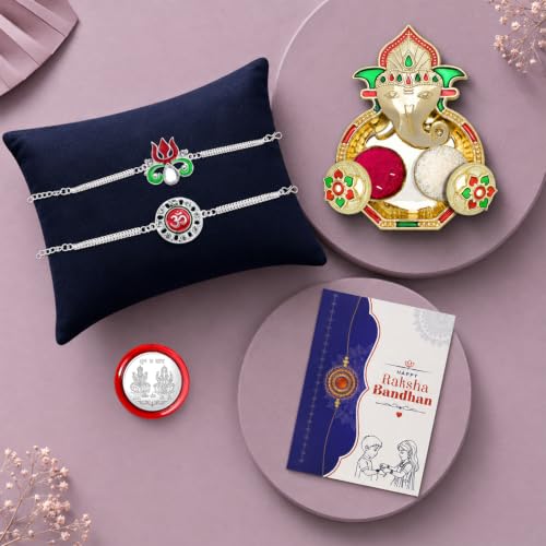 Image of Periapt Multicolor Rakhi Combo with Pooja Thali /Tilak Set, Greeting card, Pooja Coin (Rakhi23 VAR68)