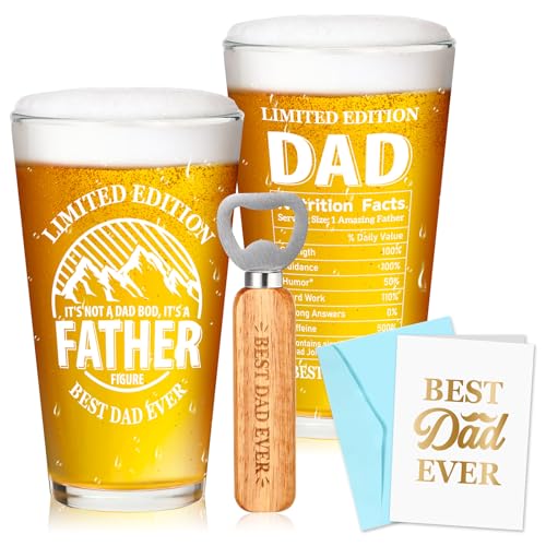 Baderke Funny Christmas Gifts for Dad - 16 oz Beer Glass Mug with Wooden Bottle Opener, Father's Day Gift Card and Envelope from Daughter Son