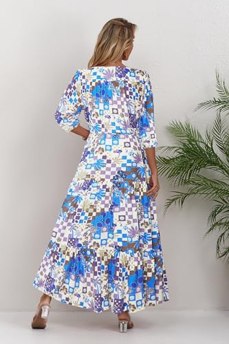 Image of Women Short Sleeve V Neck Floral Print Casual Bohemian Maxi Dresses