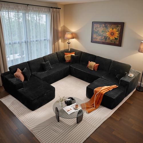 Image of ovios Sectional Cloud Couch for Living Room, Modular Floor Sofa with Plush Corduroy, No Assembly Required, Big Comfy Couches Set with Fluffy Memory Foam, Stupendous U Shaped Sofas with Chaise, Black