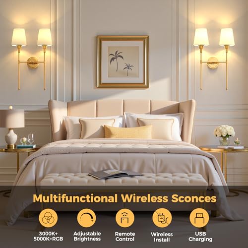 Image of DORESshop 2-Lights Battery Operated Wall Sconce, Gold Wireless Wall Light