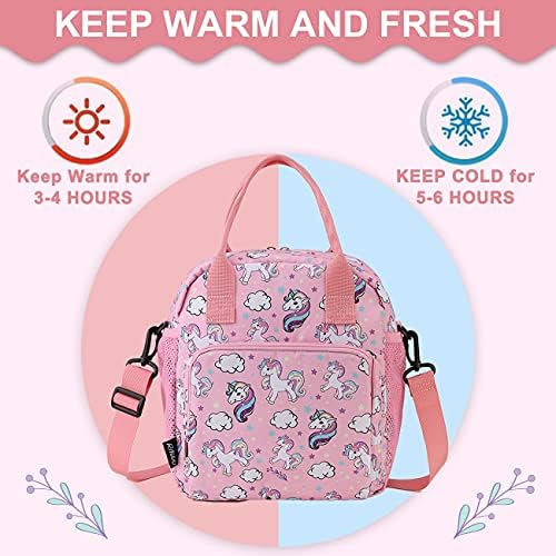 RAVUO Lunch Bag Box for Girls, Water Resistant Insulated Cute Unicorn Lunch Box for Kids Reusable Toddler Lunch Tote with Detachable Shoulder Strap