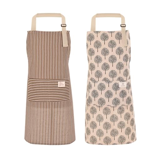 GIDWRIY 2 Peças aventais de cozinha para mulher, avental de cozinha de algodão e linho, avental de cozinha anti-incrustantes, punhos de mesa com 2 bolsos, aventais de pintura ajustáveis