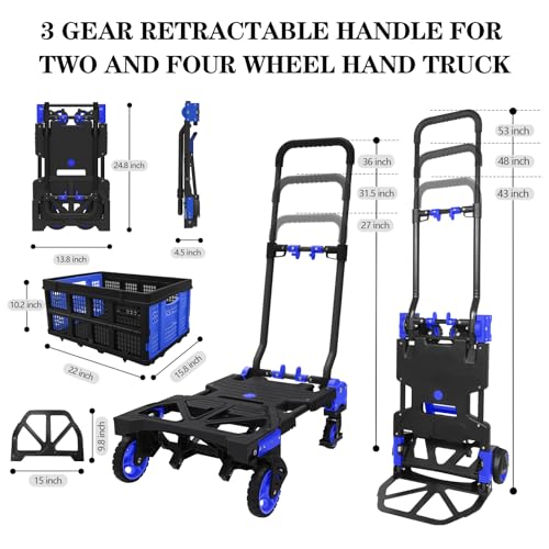 2 in 1 Folding Hand Truck with Folding Basket,Heavy Duty Hand Truck Dolly 330lbs Capacity with Telescoping Handle and Rubber Wheels,Portable Dolly Cart with Bungee Cords for Moving