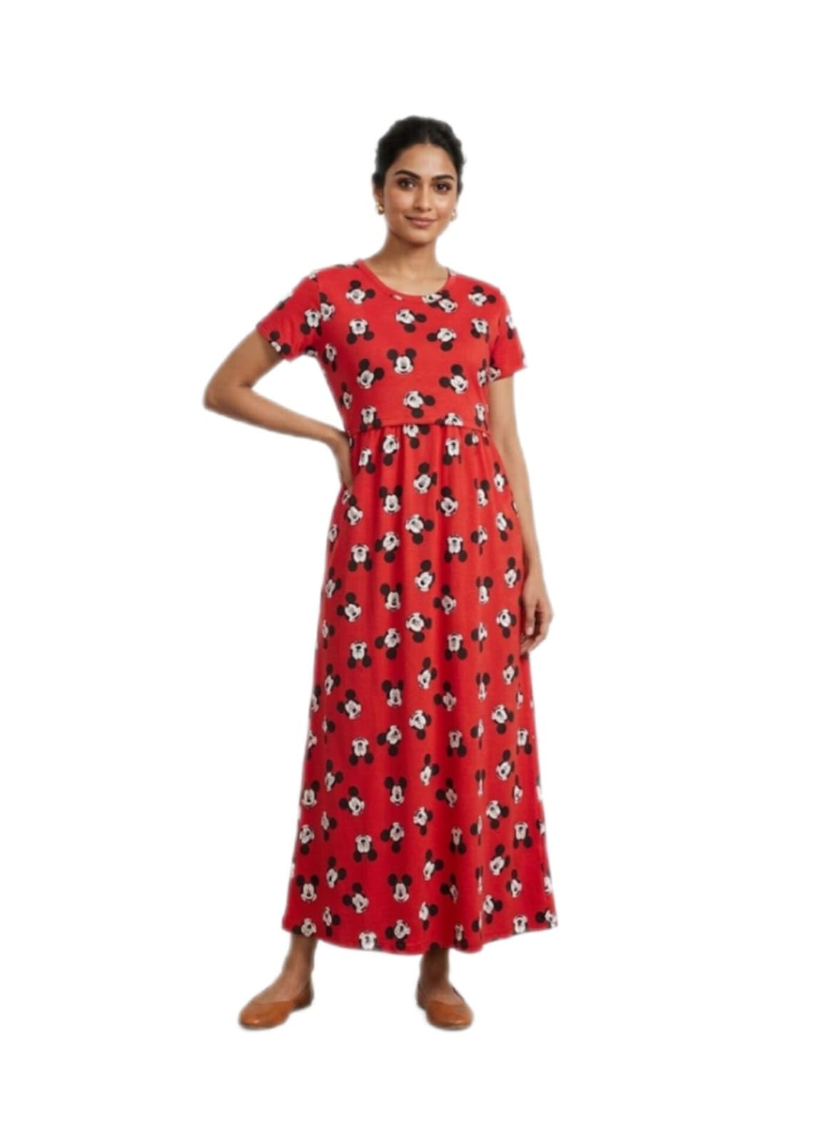 Women's Mickey Cartoon Print Maternity Maxi Dress | Concealed Pull-Up Feeding Access | Deep Side Pockets & Adjustable Back Drawstring Gown-image-44