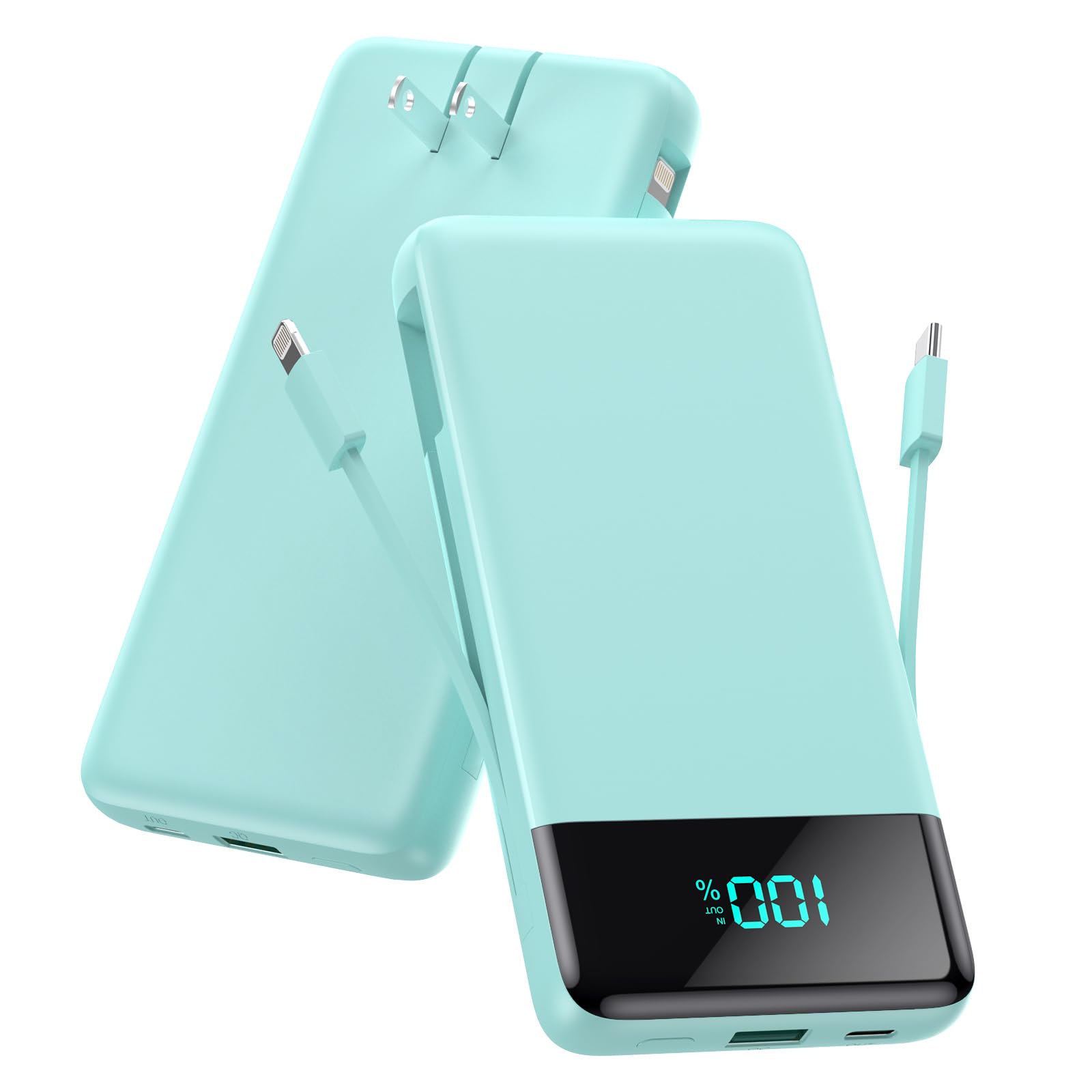 Portable Charger for iPhone with Built in Cables and Wall Plug,Upgraded 13800mAh Fast Charging USB C Power Bank,4 Outputs Travel Essential Battery Pack Compatible with iPhone 15/14/13/12,Samsung-Green