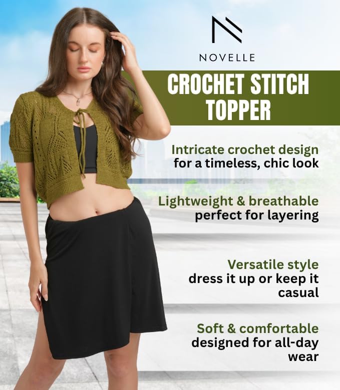 Women’s Crochet Cardigan XLarge Size | Light Weight Short Sleeve Cardigan for Women | Beautiful Olive Color with Viscose & Nylon Fabric Blend | Front Bow Tie Closure for Casual Wear & More - Image 3