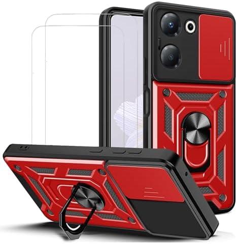for Tecno Camon 20 Pro 5G Case with Camera Cover and Stand Kickstand Ring with Tempered Glass Screen Protector [2 pieces],Military Grade Shockproof Protective Cover, Red