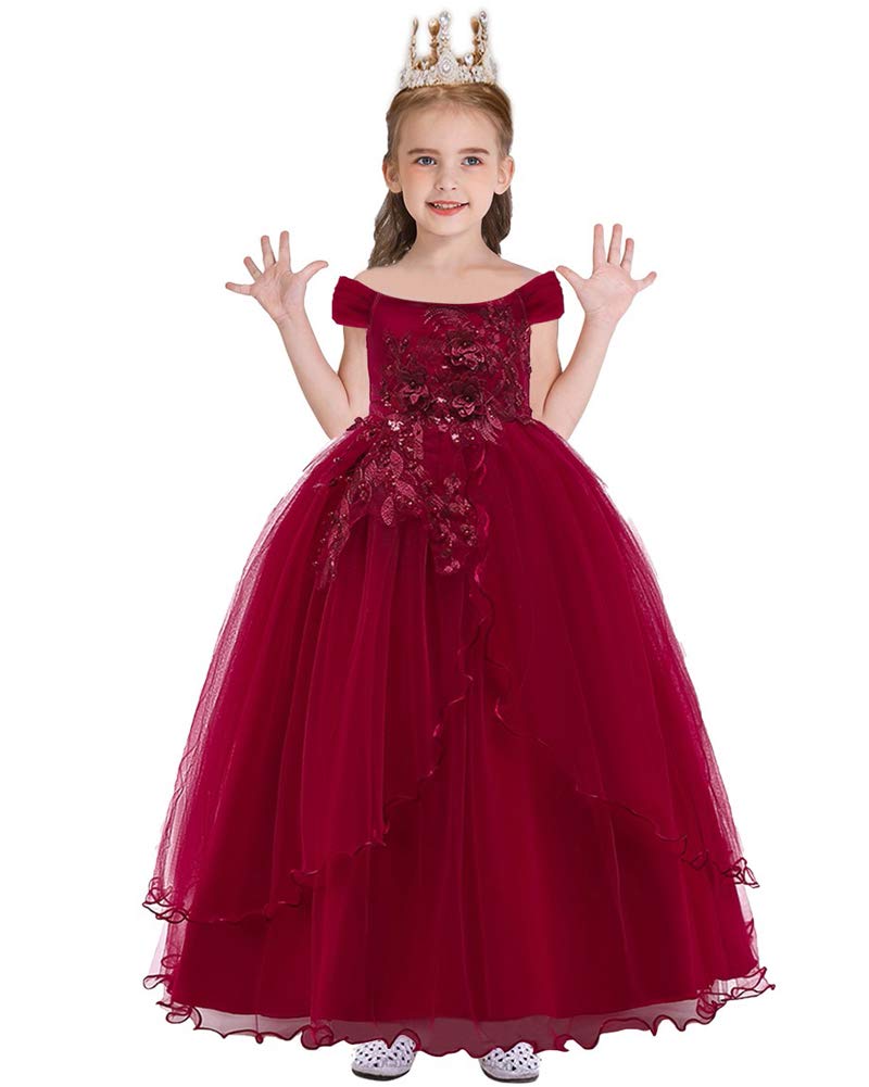 WOCINL Girls Off-The-Shoulder Party Dress Princess Birthday Pageant Wedding Prom Communion Evening Dance Long Tulle Gown Deep Red 11-12 Years