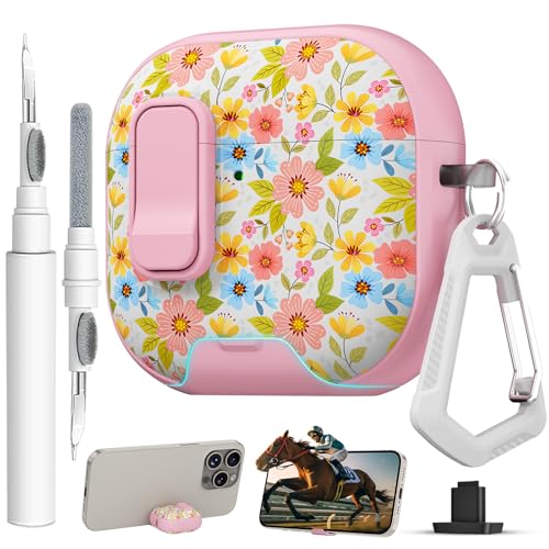 Image of for AirPods 4 Case with Safty Lock & Phone Stand,Cute Floral Pattern Style | PC & TPU Dual Layer Protective Cover with Keychain & Cleaner Pen for Apple AirPod 4th Generation 2024 Women (Dahlia)