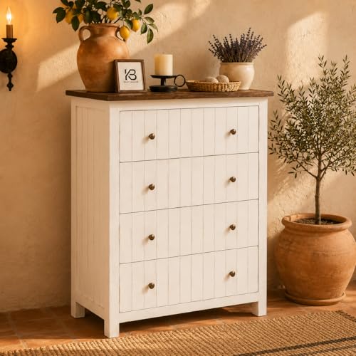 Image of Solid Wood Madrid Chest of Drawers | Drawer Chest with 4 Drawers | Wooden Drawer Storage Cabinet | Finish- White