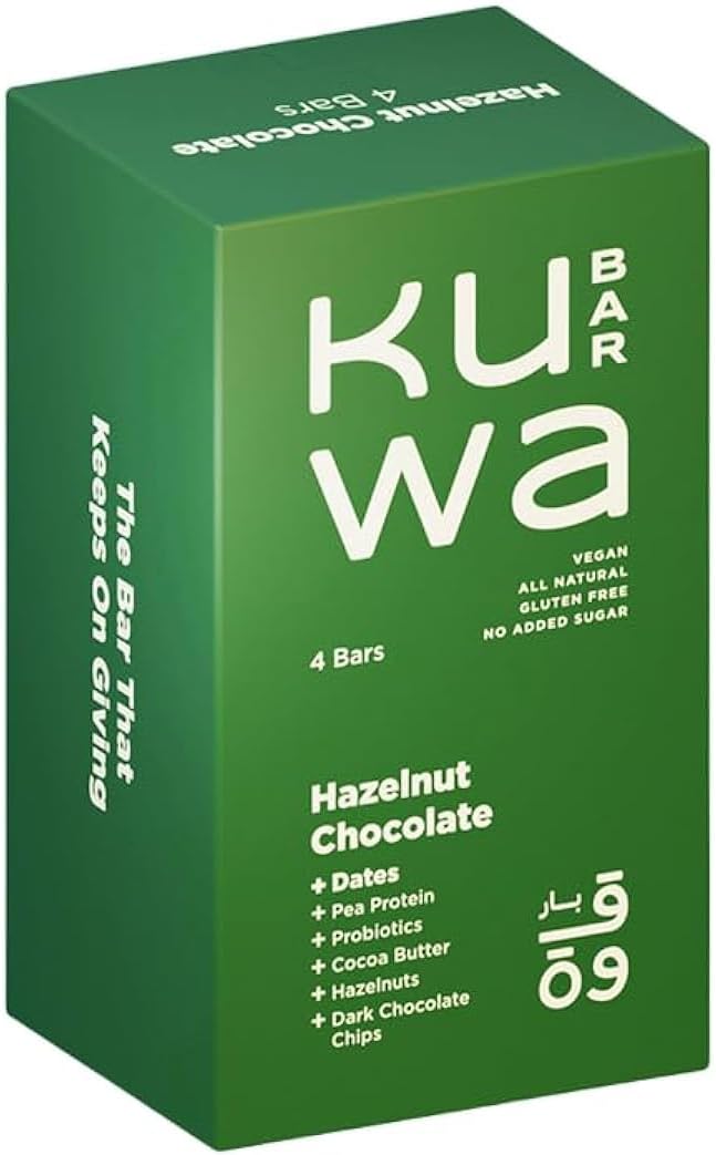 Kuwa Bar Hazelnut Chocolate Protein Bar - 4 Count x 46Grams - All Natural, Probiotics, Date Bar - No Added Sugar, Vegan, Gluten Free