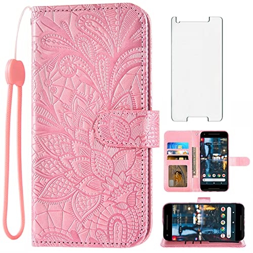 Asuwish Compatible with Google Pixel 2 Case and Tempered Glass Screen Protector Cell Accessories Card Holder Slot Kickstand Flip Lace Wallet Phone Covers for Pixel2 Pixle Two G011A Women Men Rose Gold