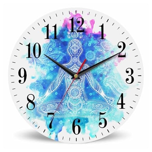 Mxocom Yoga Wall Clock Mandala Energy Buddha Meditation Paisley Petal 10 Inch Silent Non Ticking Battery Operated Clock Vintage Round Clock for Living Room Bedroom Bathroom Office Decor