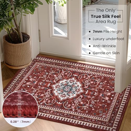 Tapete Boho Rojo 2' x 3' Lavable Antideslizante miniatura 4