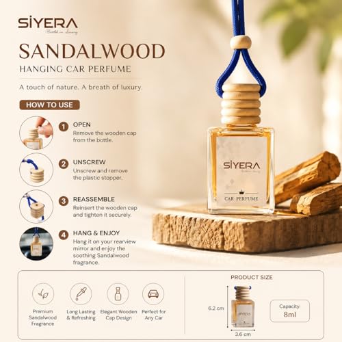 Image of SiYERA Hanging Car Perfume with Essential Oils | Car Air Freshener 10ml | Long-Lasting Aroma in Glass Bottle with Wooden Diffuser Lid (Sandalwood)