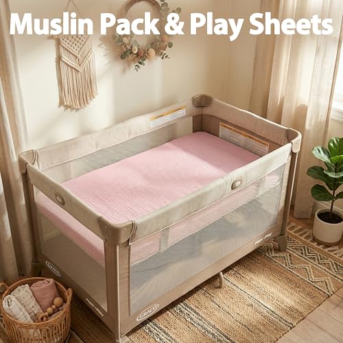 Image of Pro Goleem Muslin Pack n Play Sheets for Girls, Soft Breathable Cotton Fitted Mini Crib Sheets, Baby Sheets for Playard Mattress, 2 Pack (Pink&Purple)