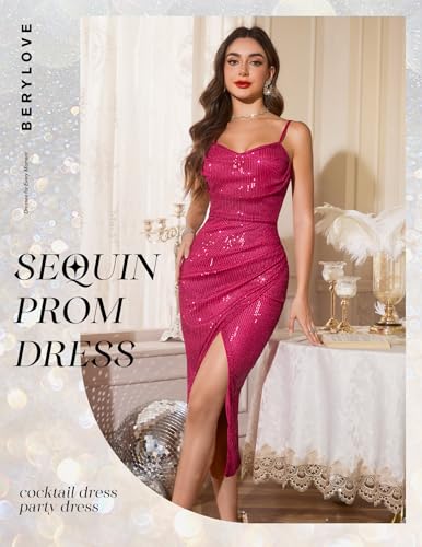 Image of BeryLove Summer Sequin Cocktail Prom Wedding Guest Dresses Sparkly Party Evening Formal Spaghetti Strap Dress