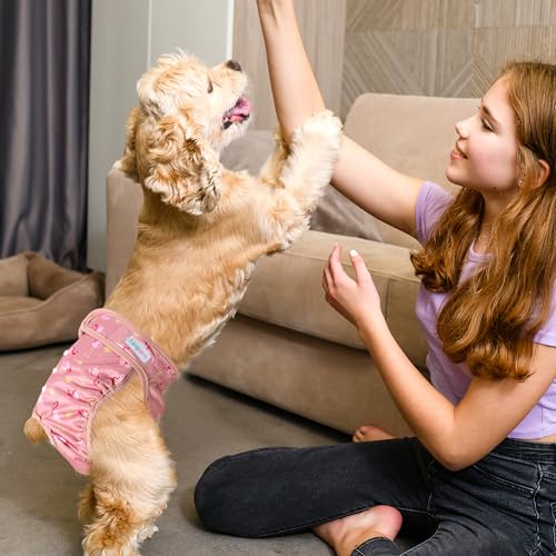 Image of Langsprit Washable Female Dog Diapers - Doggie Reusable Diapers for Doggy Puppy Female in Period - Highly Absorbent Dog Heat Panties (Flamingo Duck) XL