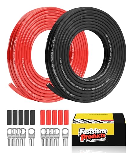 FASTSTORM 6 AWG Battery Cable 10 Feet Black + 10Feet Red Flexible 6 Gauge Wire with 5pcs of 5/16 & 5pcs 3/8 Tinned Copper Lugs Terminal Welding Cable + Heat Shrink Tubing for Auto Solar Marine RV